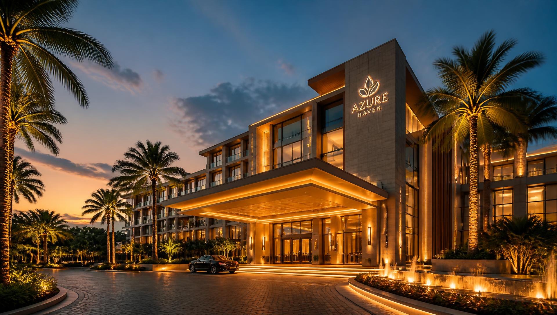 Illuminated luxury hotel exterior at dusk
