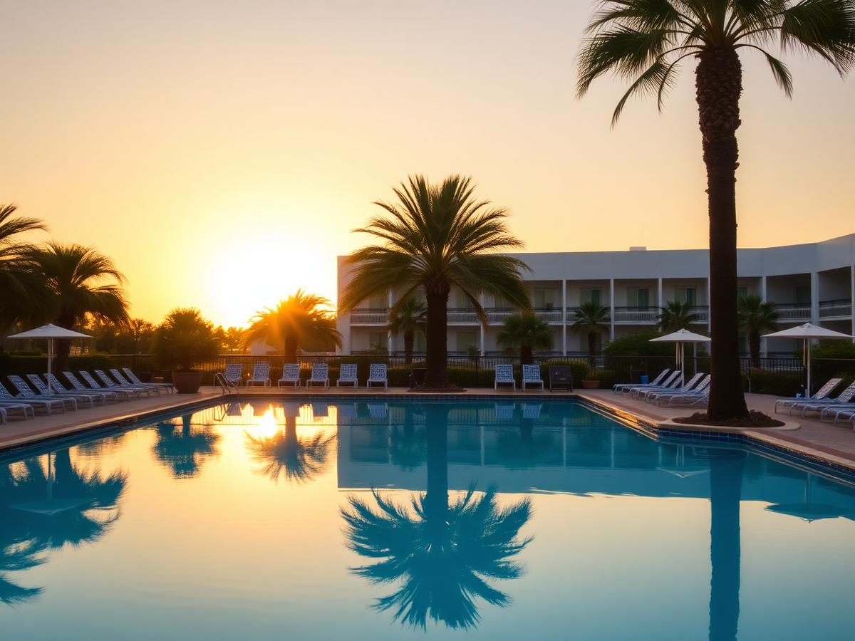 Outdoor swimming pool at sunset